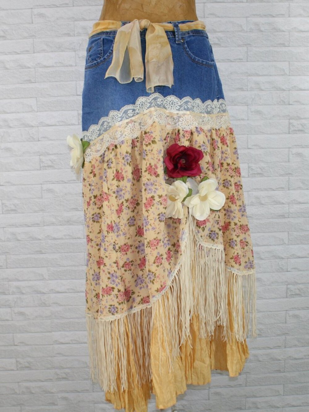 HAND CRAFTED Skirt Denim Jean Upcycled Retro Victorian Floral Yellow Gold 12